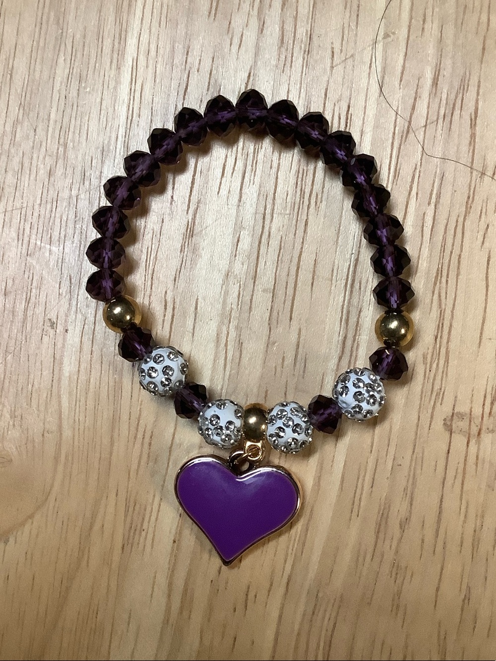 Hand Crafted Purple Beaded Bracelet with Gold Heart Charm